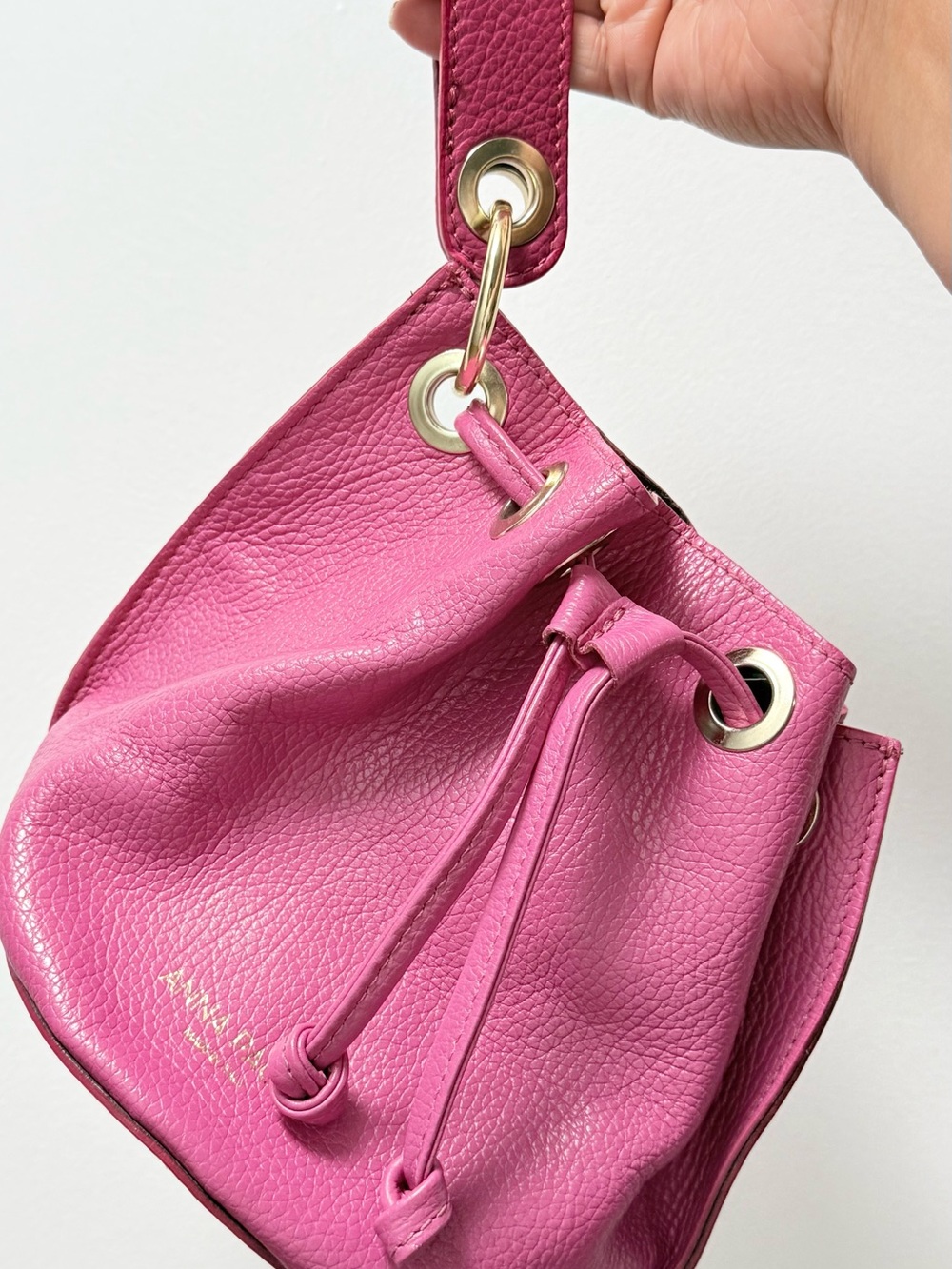 Annae Pink Pebbled Leather Drawstring Mini Bucket Bag